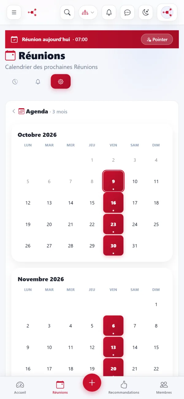 Réunions — vue mobile