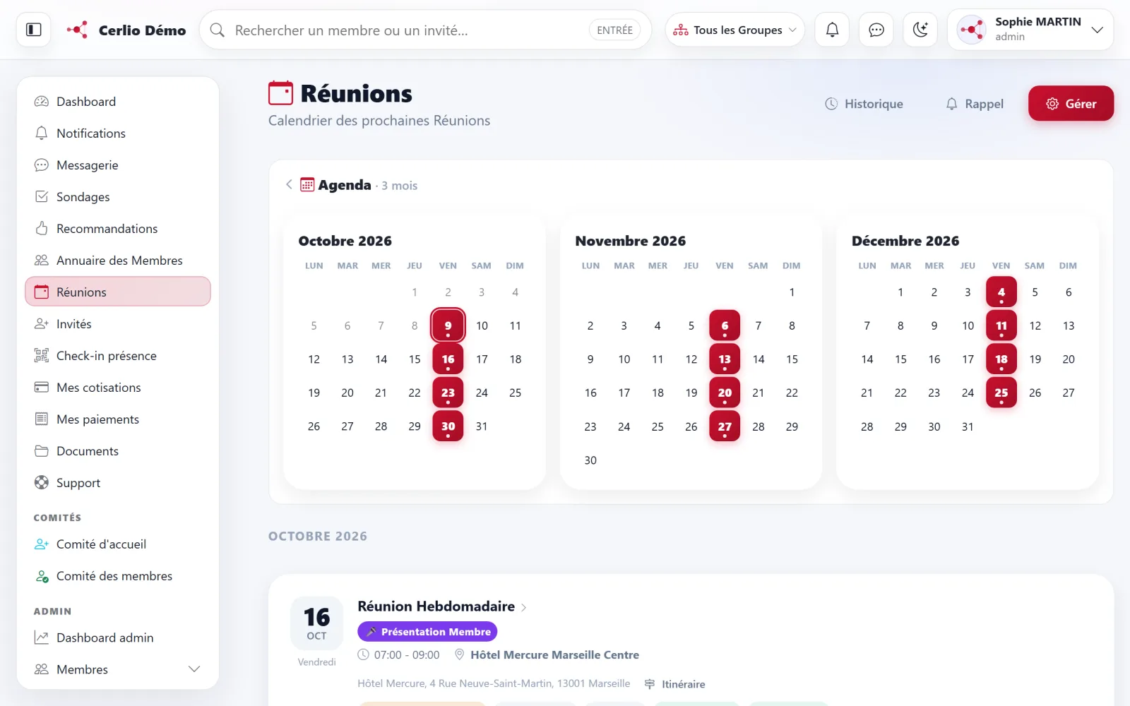 Réunions — vue navigateur